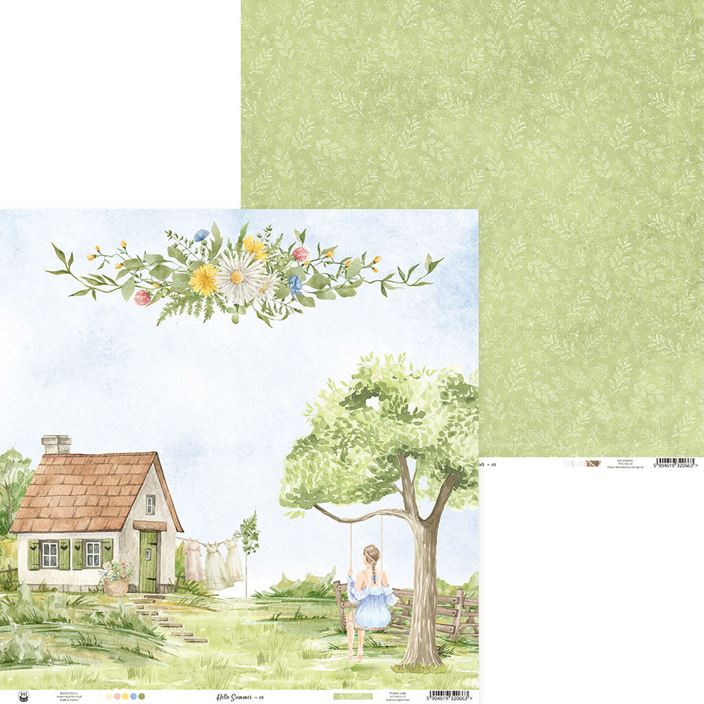 Papel decorativo com casa, árvore, menina no baloiço e padrão de folhas verdes