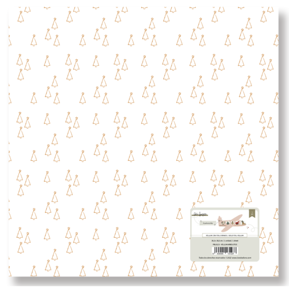 Folha de papel decorativa branca com padrão de árvores de Natal em laranja e etiqueta no canto inferior direito