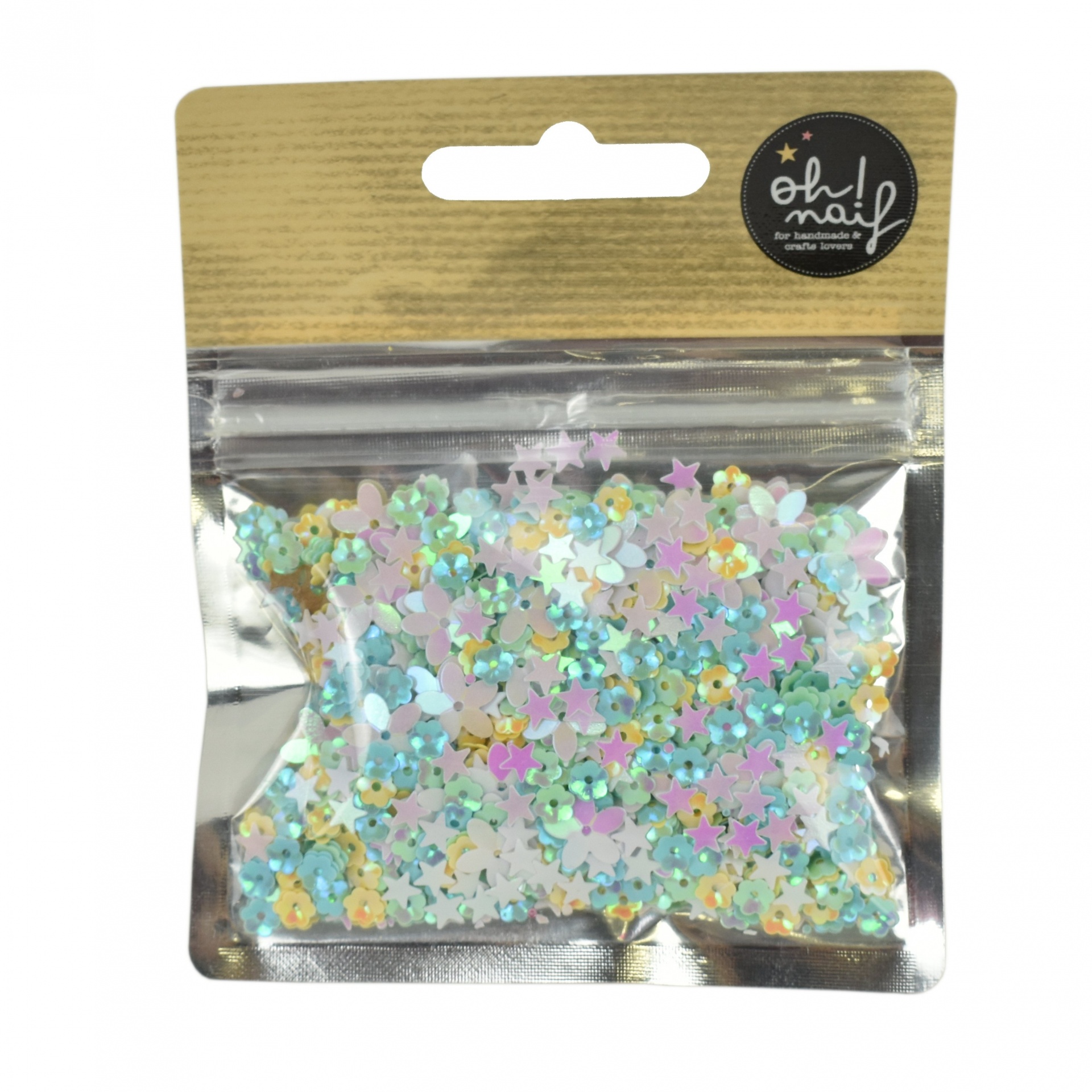 Pacote de lantejoulas multicoloridas com etiqueta preta 'oh! half by tammie'