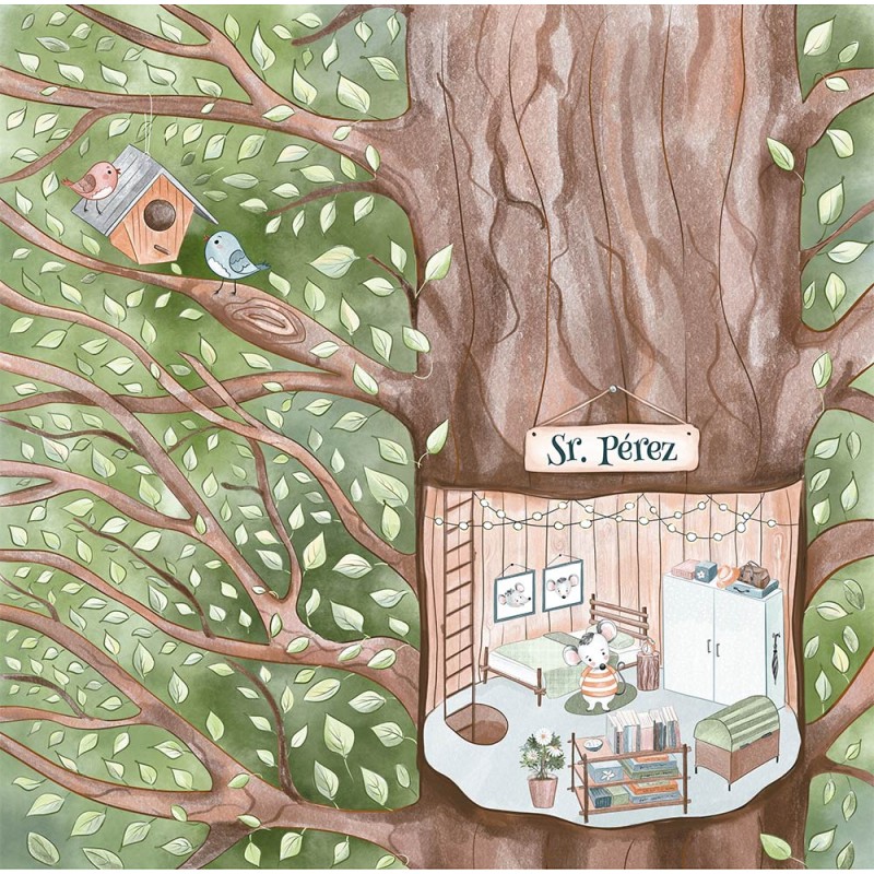 Quarto infantil decorado dentro do tronco de uma árvore com pássaros noutras árvores