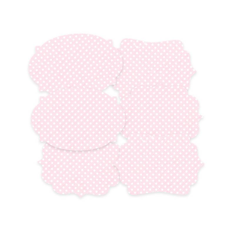 Quatro etiquetas de papel rosas com padrão de pontos brancos e bordas decorativas