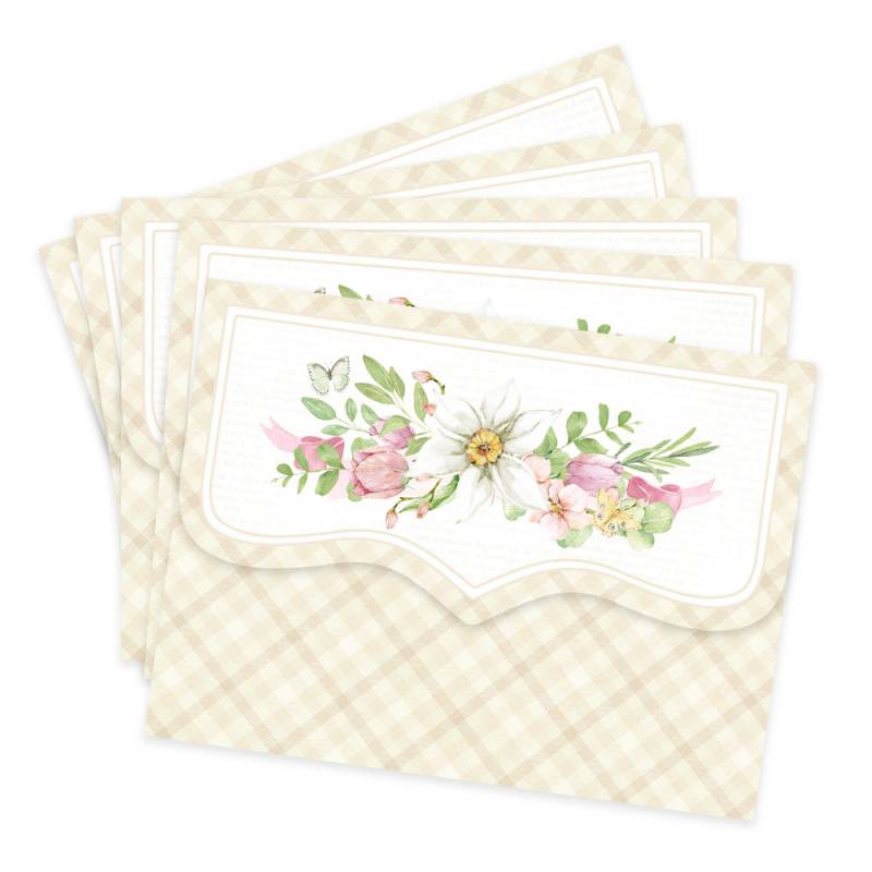 Conjunto de envelopes com padrão xadrez bege e faixa floral colorida