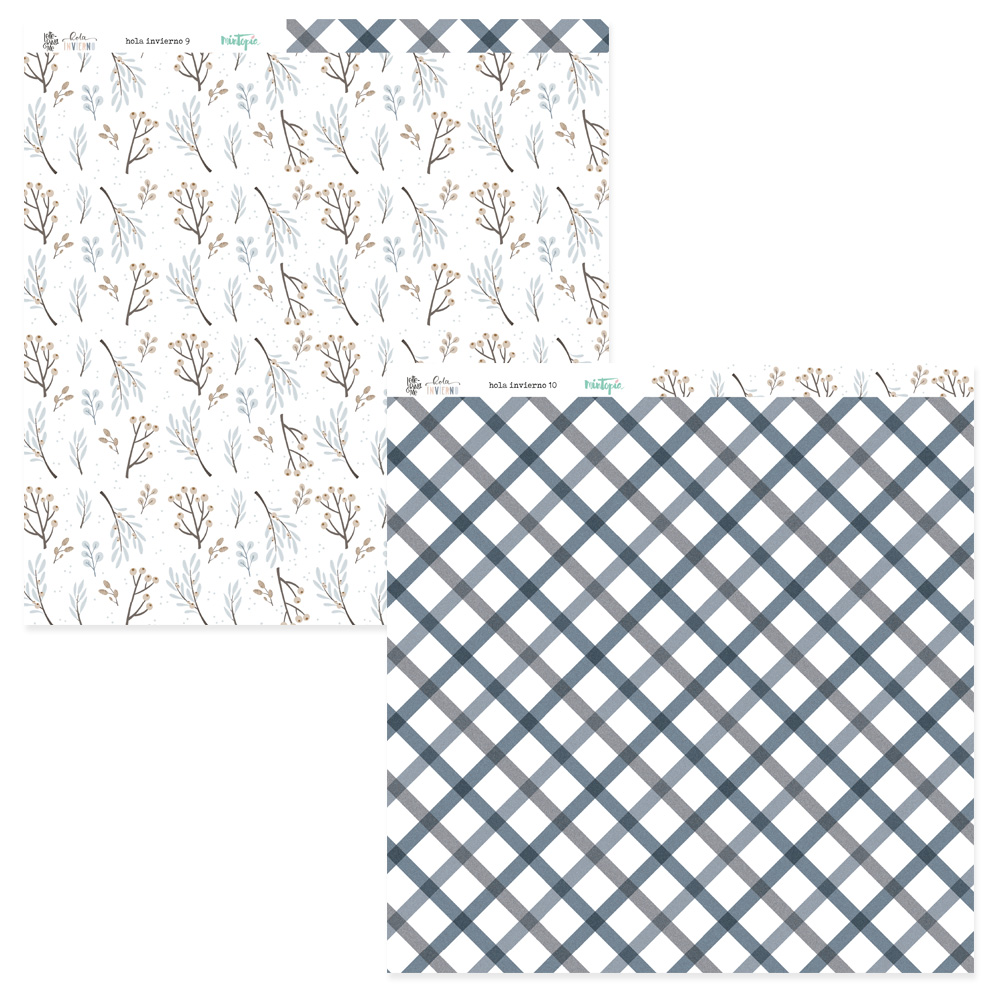 Folhas de papel decorativo com padrões de ramos secos e grelha diagonal