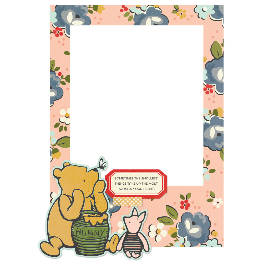 Moldura decorativa rosa com flores e personagens do Ursinho Pooh ao lado de pote de mel
