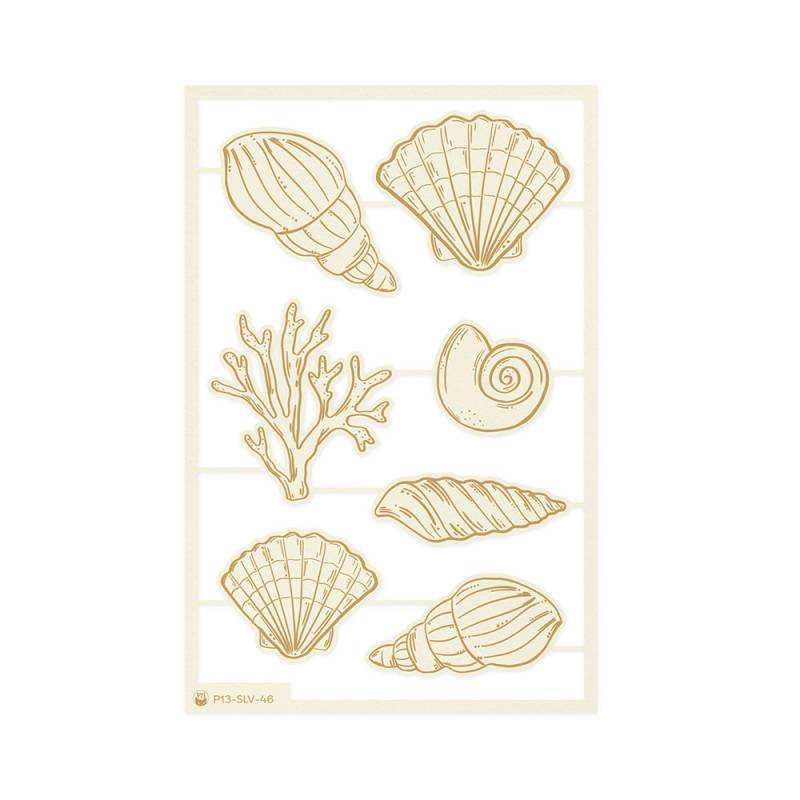 Conjunto de adesivos com desenhos de conchas e coral marinho em tons bege.