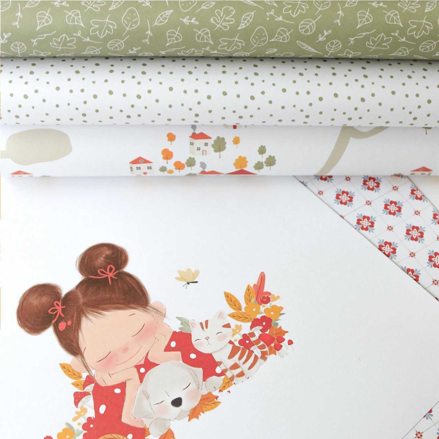 Papéis Scrapbook com padrões variados e ilustração de menina com cão e gato.