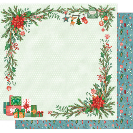 Papel decorativo natalício com moldura de ramos verdes, flores vermelhas e presentes