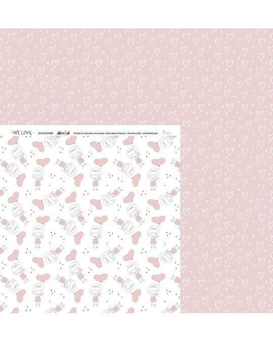 Papel de embrulho com padrão duplo cor-de-rosa e branco com desenhos de bebés e corações.