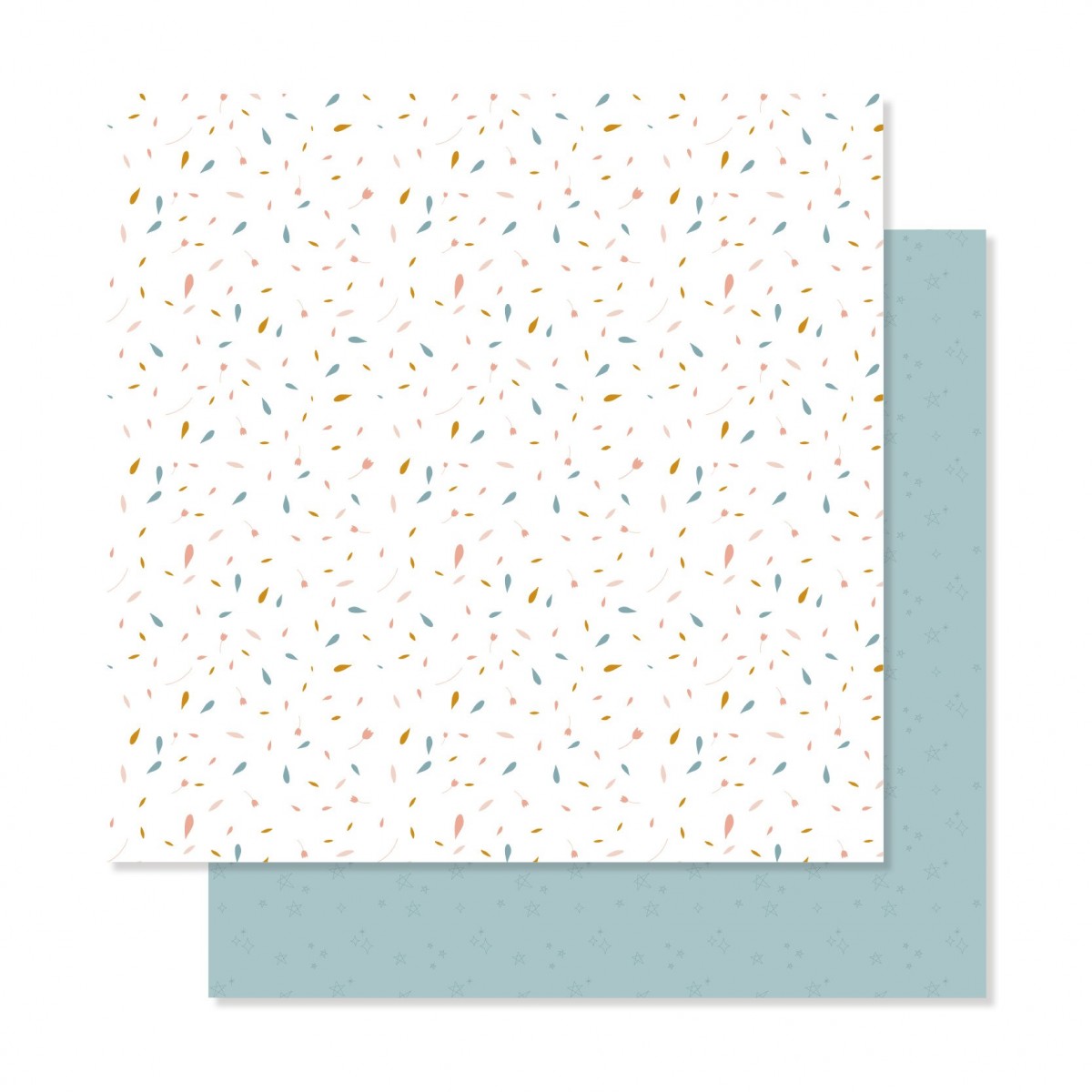 Folha dupla-face de papel decorativo com padrões coloridos e azul claro.