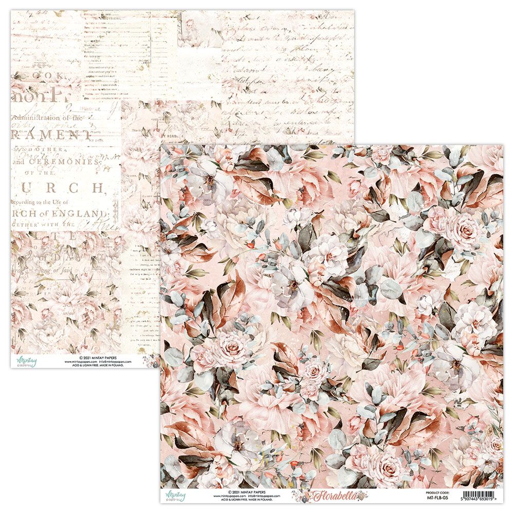 Papel decorativo para artesanato com padrão floral e verso com texto manuscrito