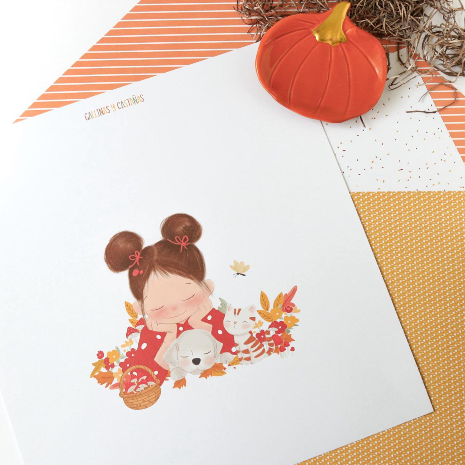 Folha ilustrada com menina, cão, gato e elementos outonais sobre fundo com padrões laranja e amarelo