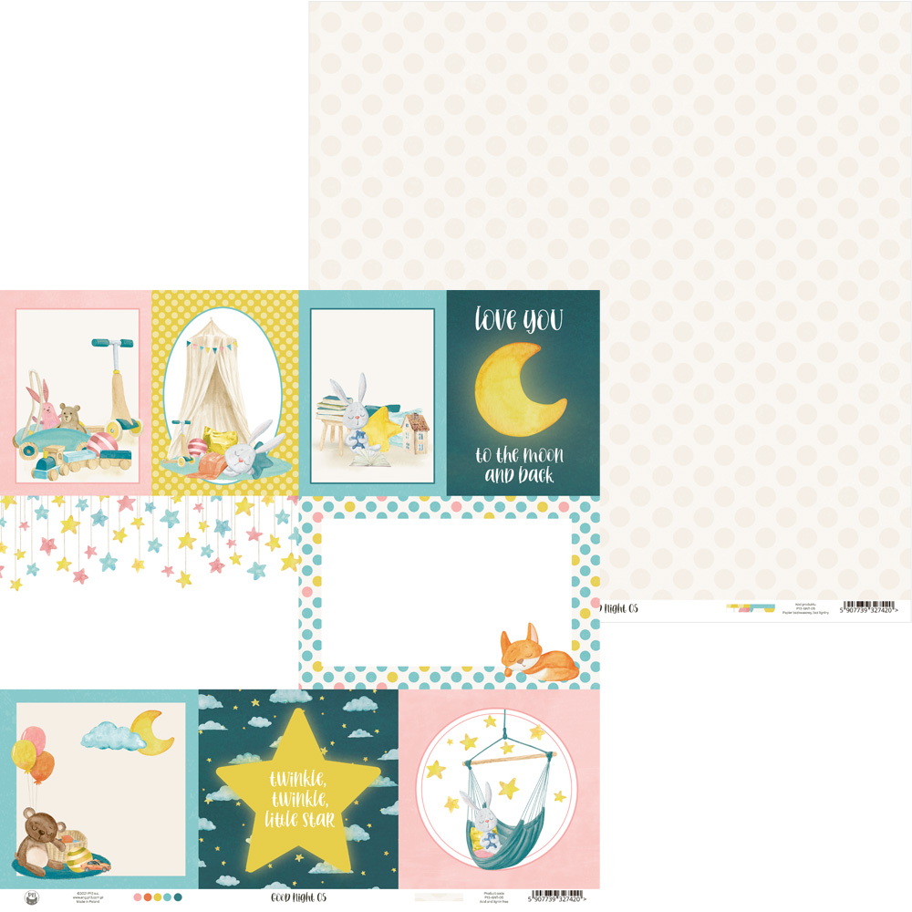 Papel de scrapbook infantil com desenhos de coelhos, ursos, estrelas e texto em inglês.