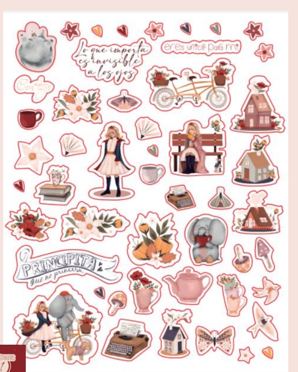 Folha de autocolantes vintage com elefantes, flores, casas, e frases em espanhol