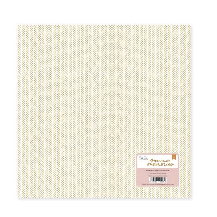 Folha de papel decorativo para scrapbook com padrão de folhagem dourada em fundo branco e etiqueta rosa