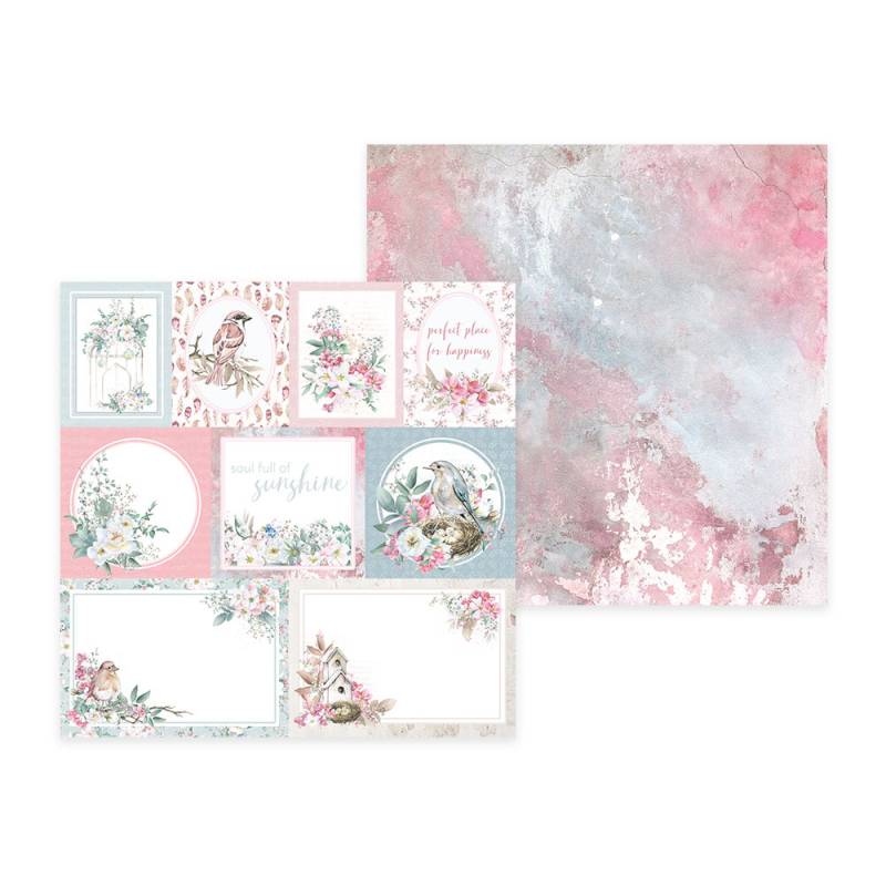 Papel de scrapbooking com padrões florais e pássaros em tons pastel