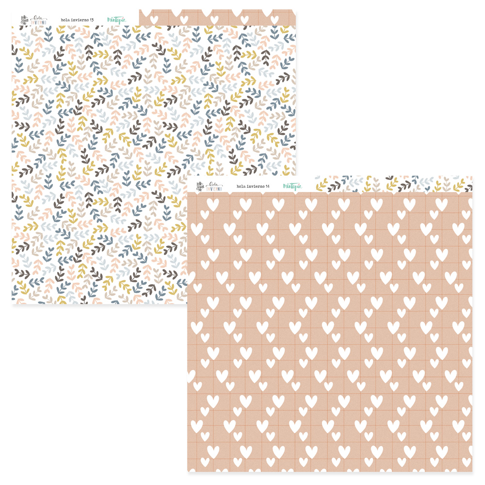 Papel decorativo com padrões florais e corações em tons castanhos e coloridos.