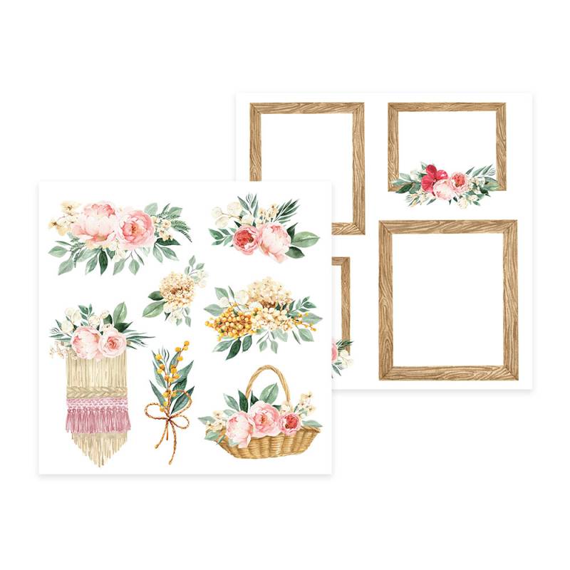 Papéis decorativos com ilustrações florais em aquarela e molduras de madeira