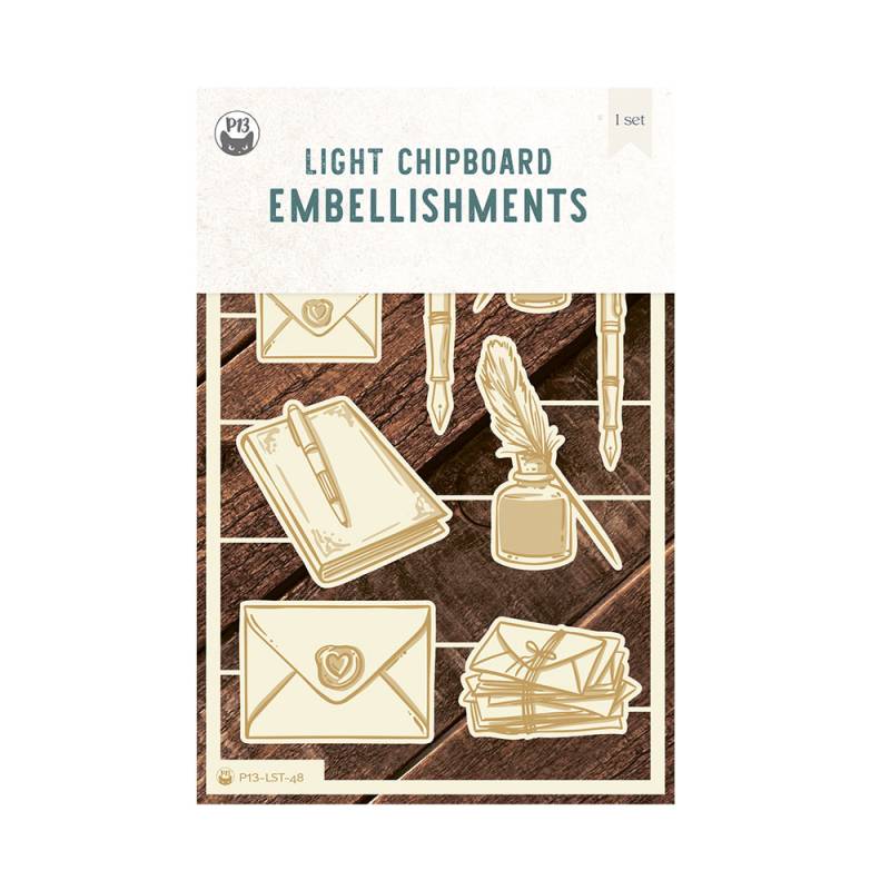 Conjunto de enfeites de chipboard claro com desenhos de cartas, selo de coração, caderno com caneta, tinteiro com pena e cartas empilhadas