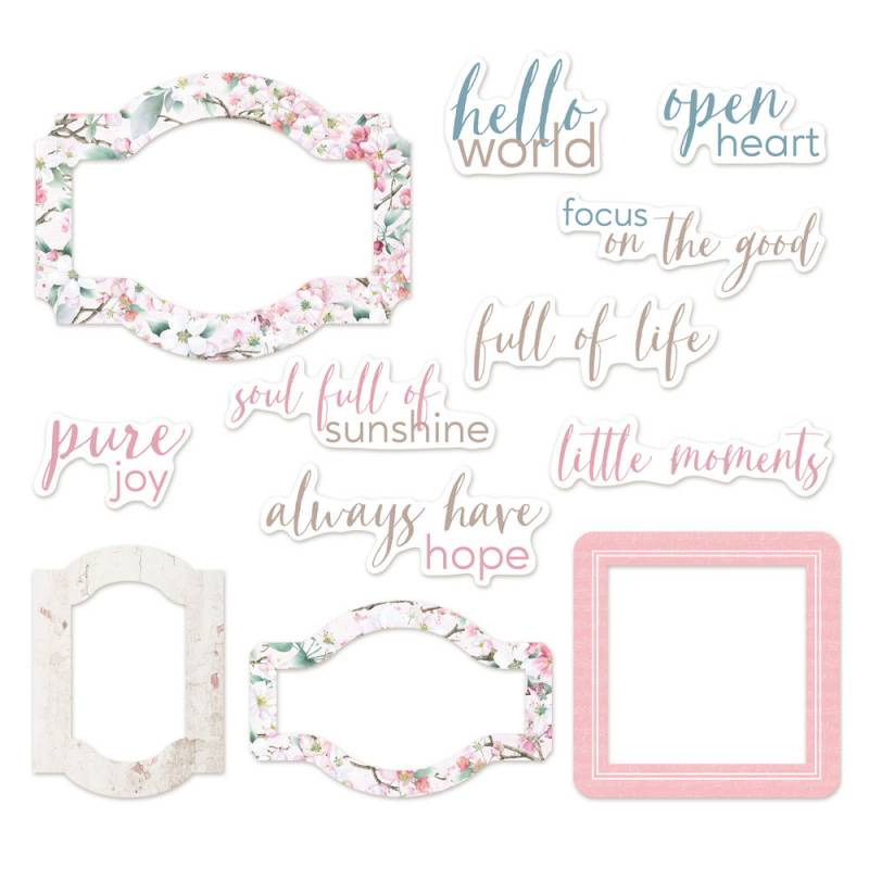 Molduras e palavras decorativas com padrões florais e frases em inglês em tons pastel