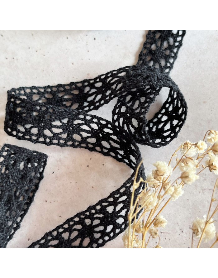 Fita de renda preta com padrão aberto e ramos secos ao lado