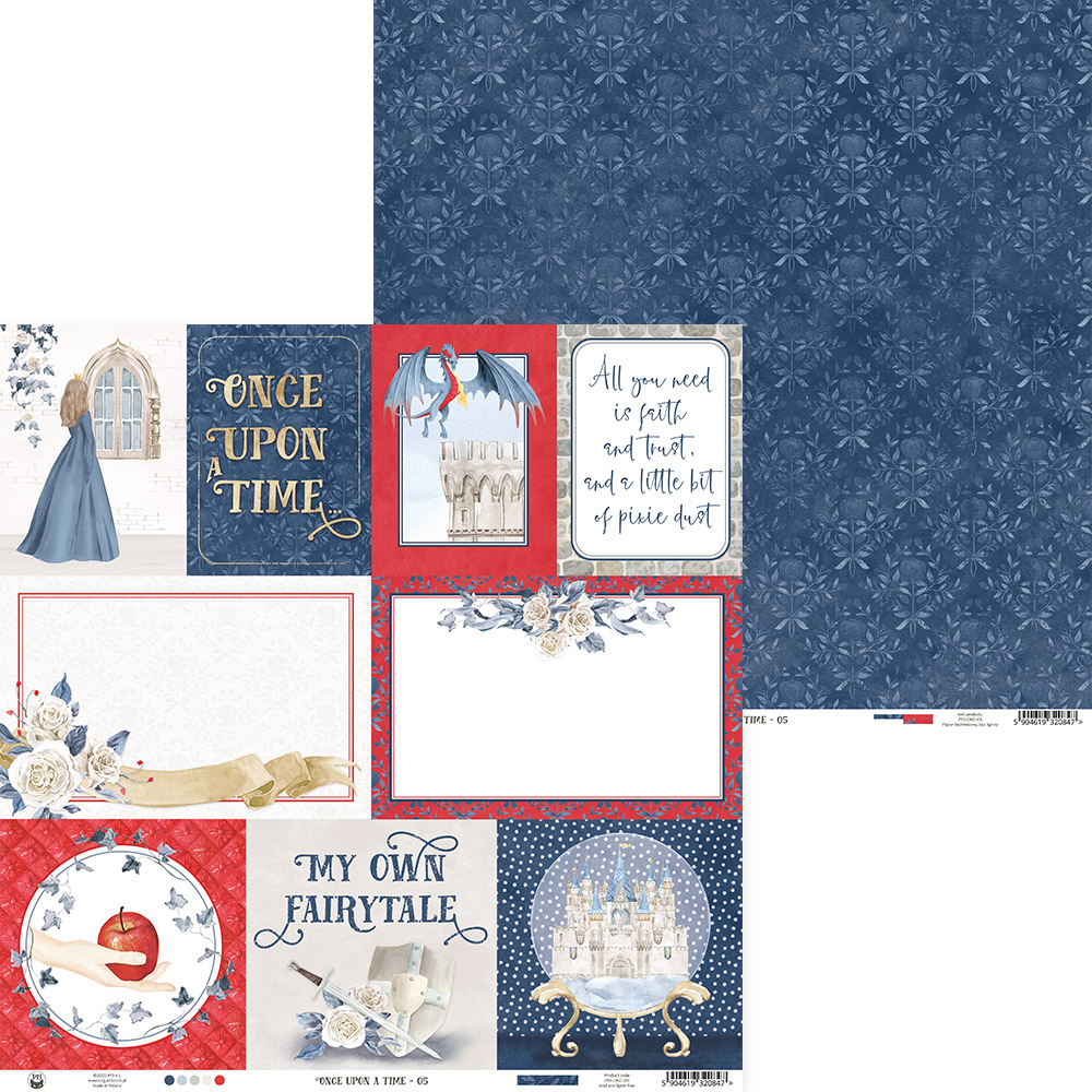 Papel de scrapbook com estampas de conto de fadas em azul, vermelho e bege