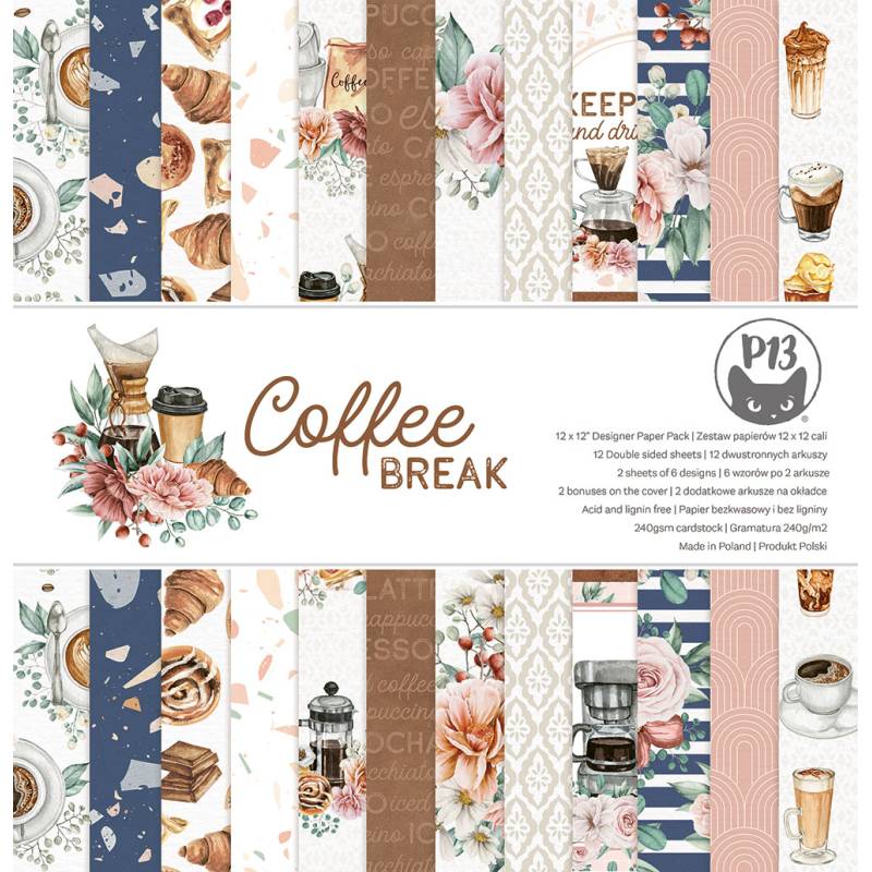 Produtos de papelaria com padrões temáticos de café e flores em tons pastéis e castanhos