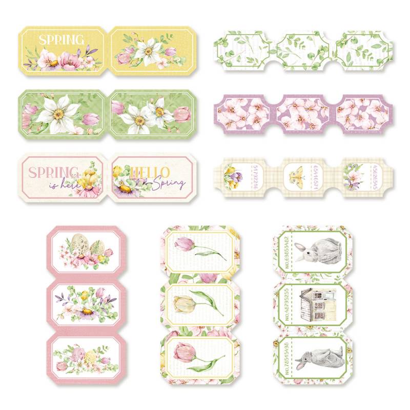 Etiquetas decorativas primavera com flores, coelhos e texto em tons pastel