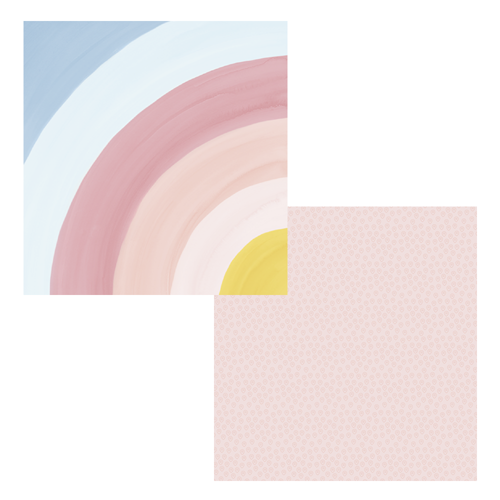 Padrão decorativo com meia-círculo em cores pastel e padrão de corações no fundo rosa