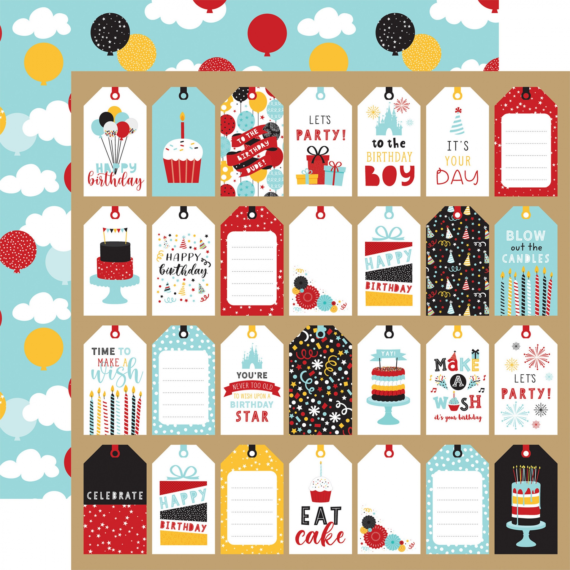 Etiquetas de aniversário coloridas com desenhos de bolos, balões e mensagens festivas
