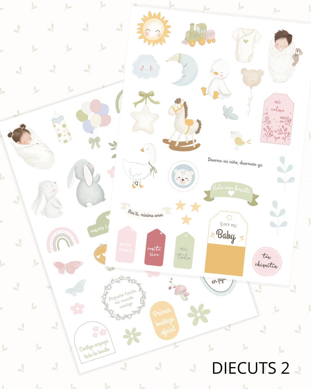 Folhas de autocolantes recortados com ilustrações infantis e texto em espanhol.