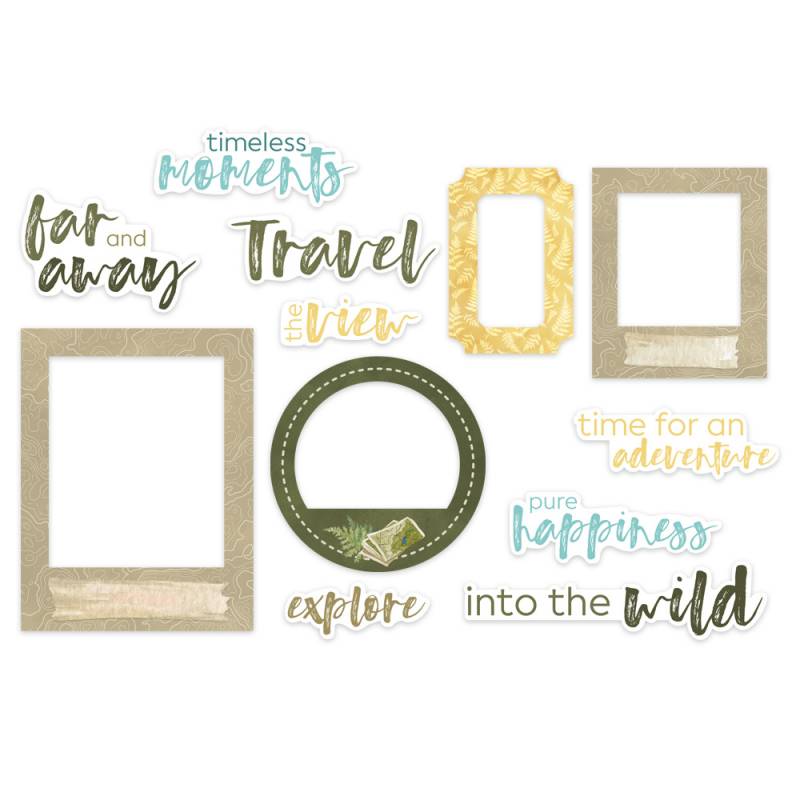 Elementos decorativos para scrapbooking com molduras e frases em inglês relacionadas a viagens