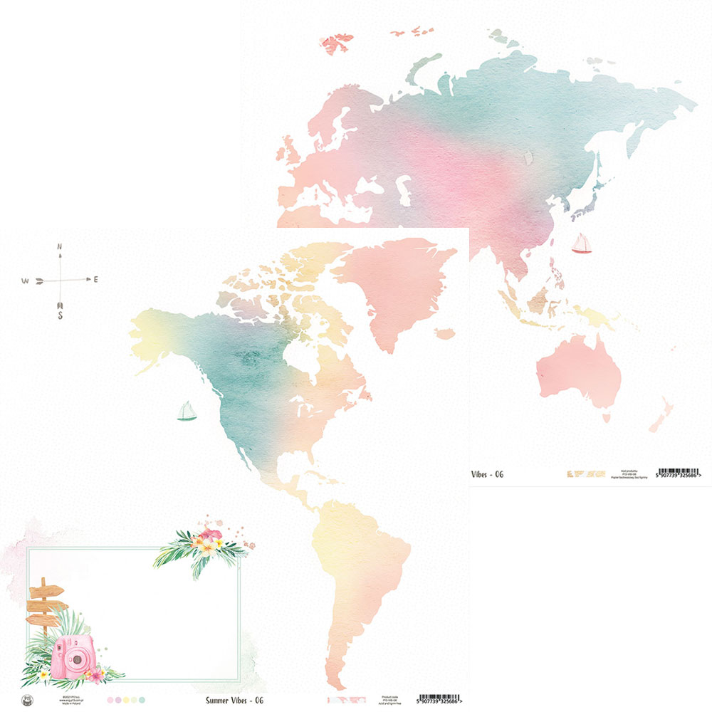 Mapa-múndi em aquarela com tons pastéis e elementos decorativos