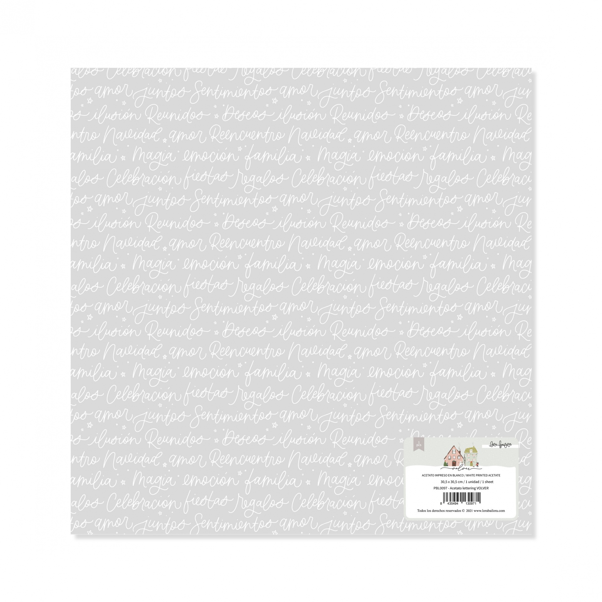 Folha decorativa cinza com palavras manuscritas em branco e embalagem com código de barras