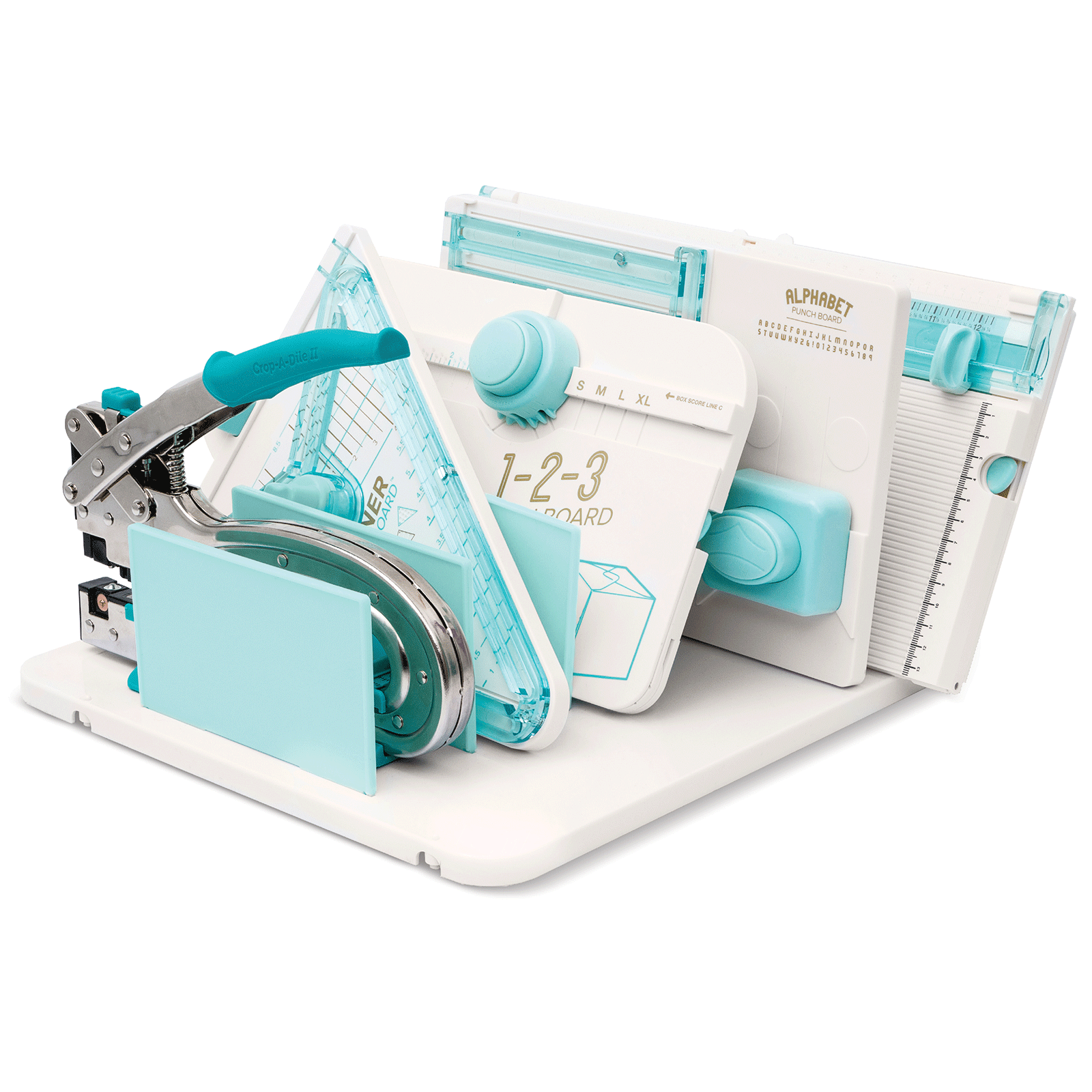 Conjunto de ferramentas de corte e medição em branco e azul claro com alavanca e régua.