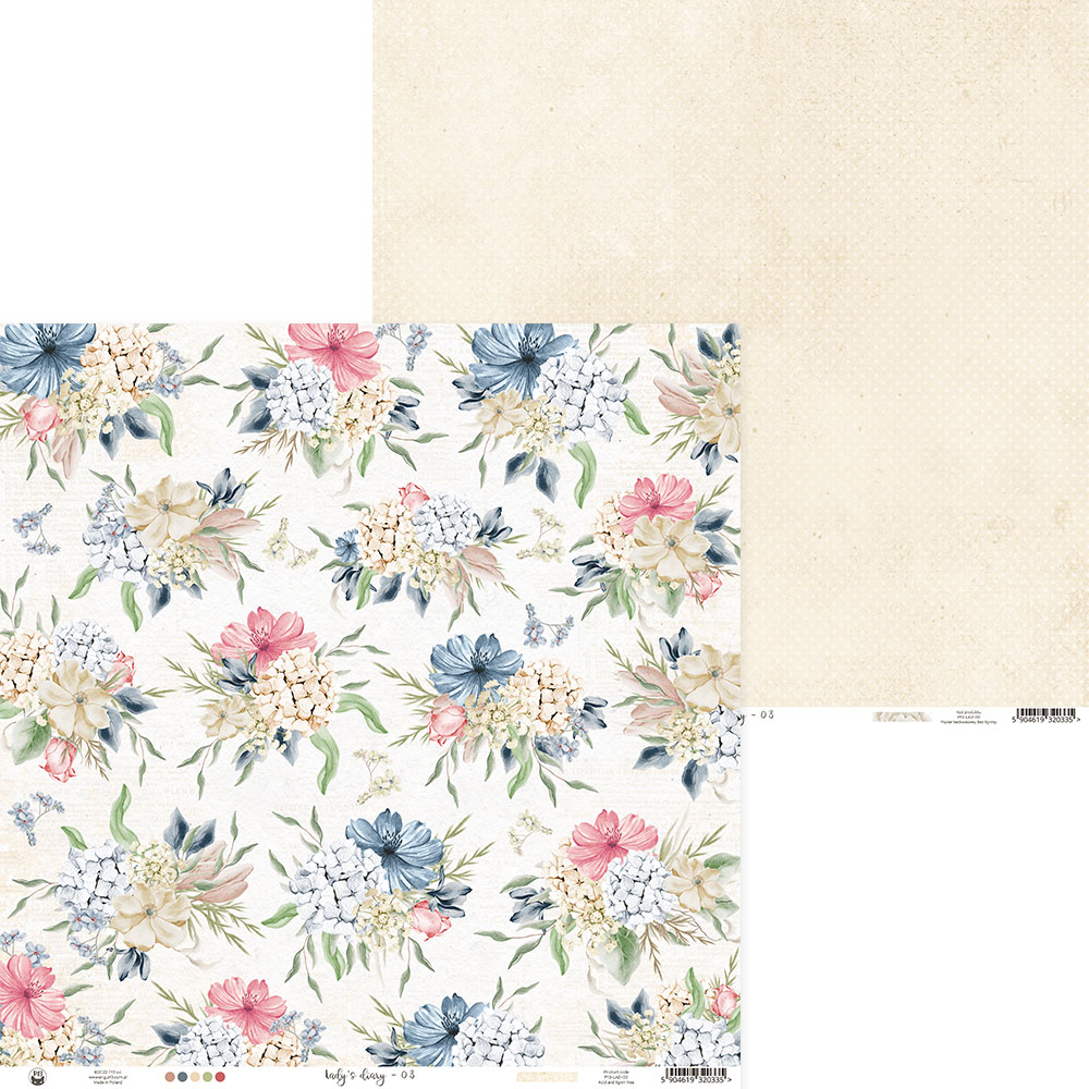 Papel decorativo floral colorido com verso bege texturizado