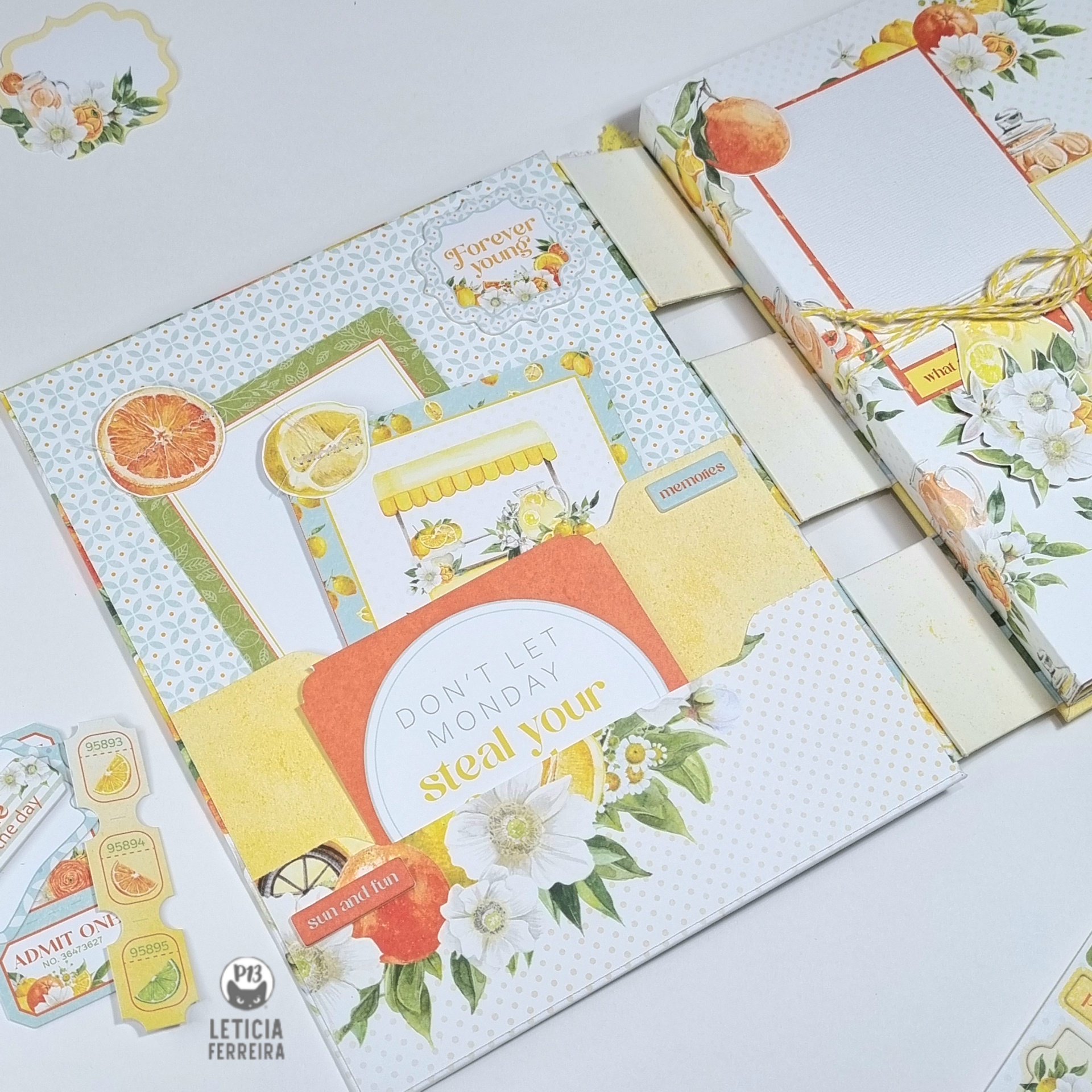 Conjunto de cartas e envelopes decorativos com temas florais e frutas cítricas