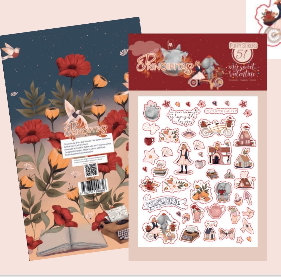 Conjunto de autocolantes Princesas com 51 peças com design colorido e fundo florido com livro aberto