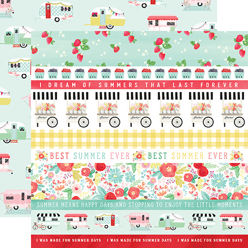 Papel decorativo colorido com carrinhas, frutas e textos de verão em inglês