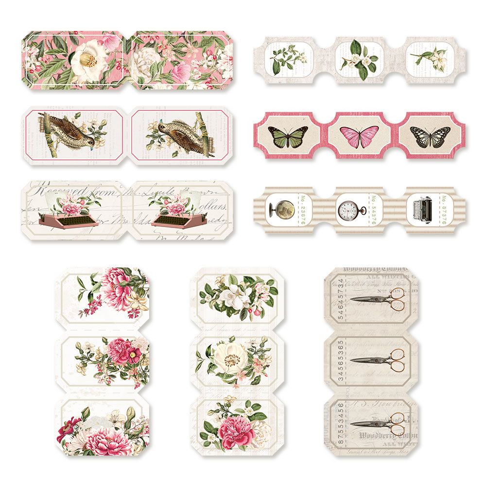 Etiquetas adesivas decorativas com vários desenhos florais e vintage.