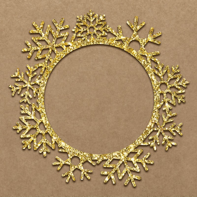aro decorativo circular com flocos de neve dourados brilhantes sobre fundo castanho