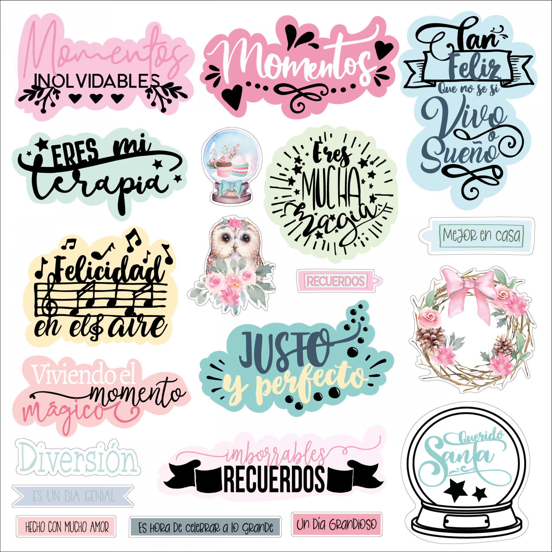 Etiquetas decorativas coloridas com textos em espanhol e ilustrações de coruja, bola de neve e coroa de flores