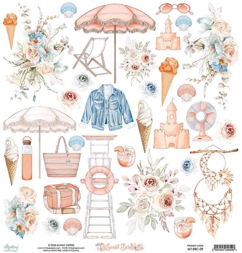 Desenhos aquarelados de artigos e elementos de praia e verão como guarda-sóis, flores, casacos de ganga e gelados.