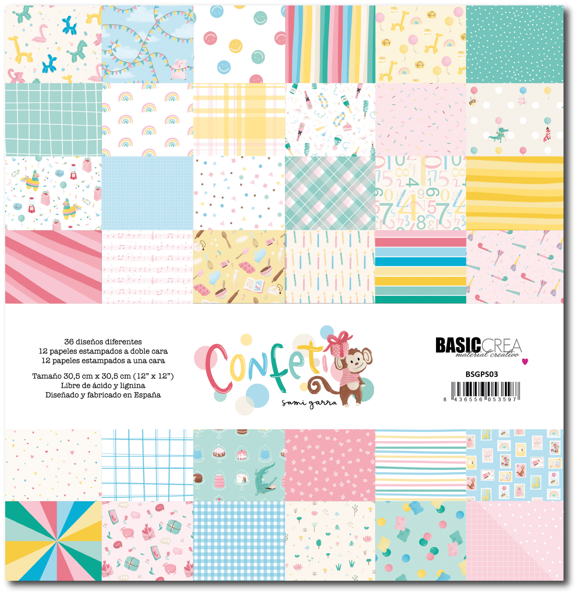 Papéis estampados coloridos variados com desenhos e texto Confetti
