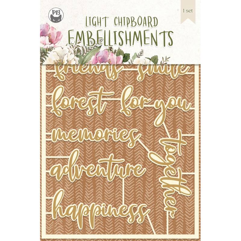 Conjunto de embellishments em chipboard com palavras em inglês para decoração