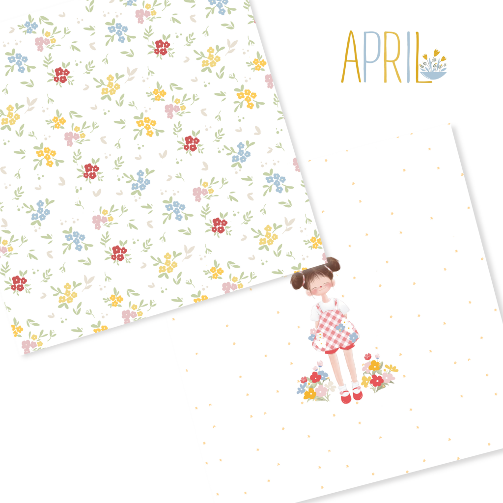 Dois padrões de papel decorativo com flores e desenho de menina, texto APRIL