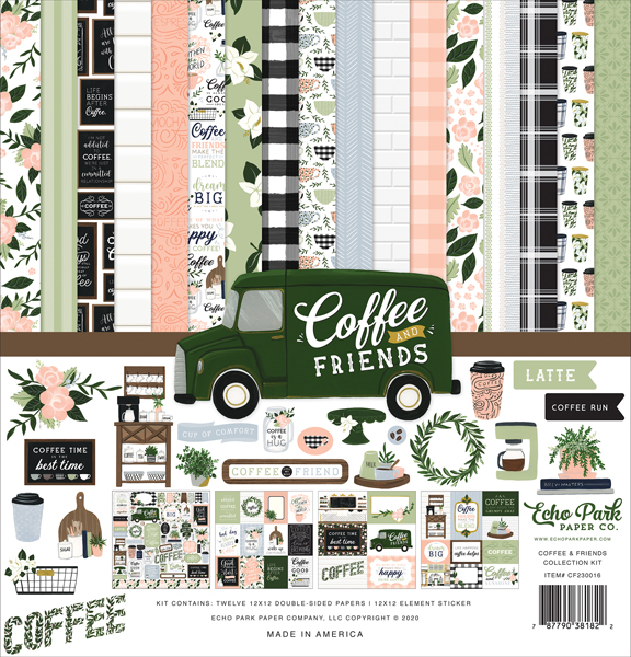 Kit de scrapbooking com padrões e stickers de café e flores com textos em inglês