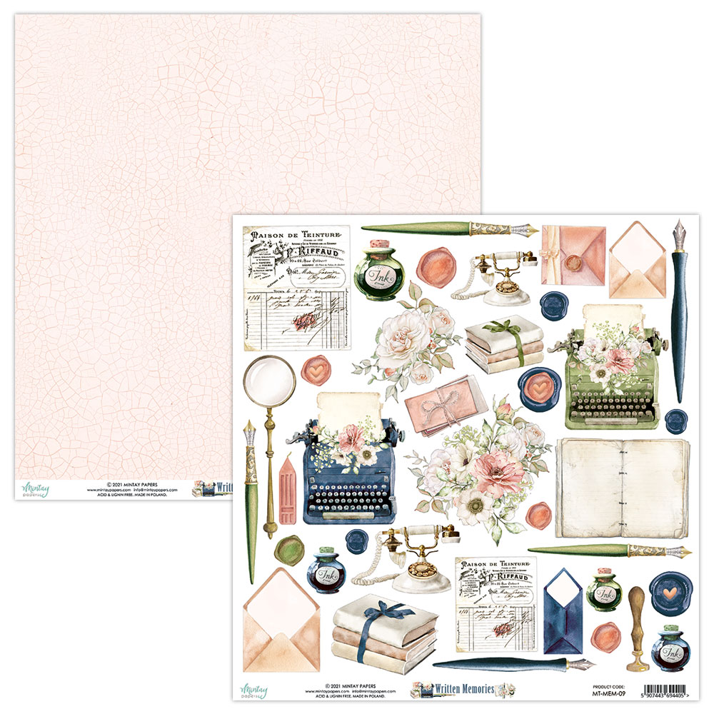 Papel decorativo para scrapbook com ilustrações vintage e padrão craquelado no verso