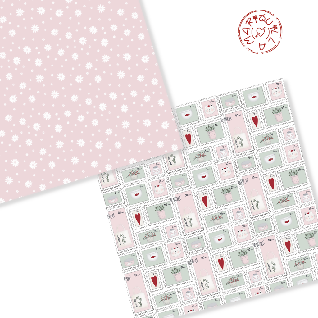 Papel de embrulho com padrão floral e quadros decorativos em rosa, verde e branco.