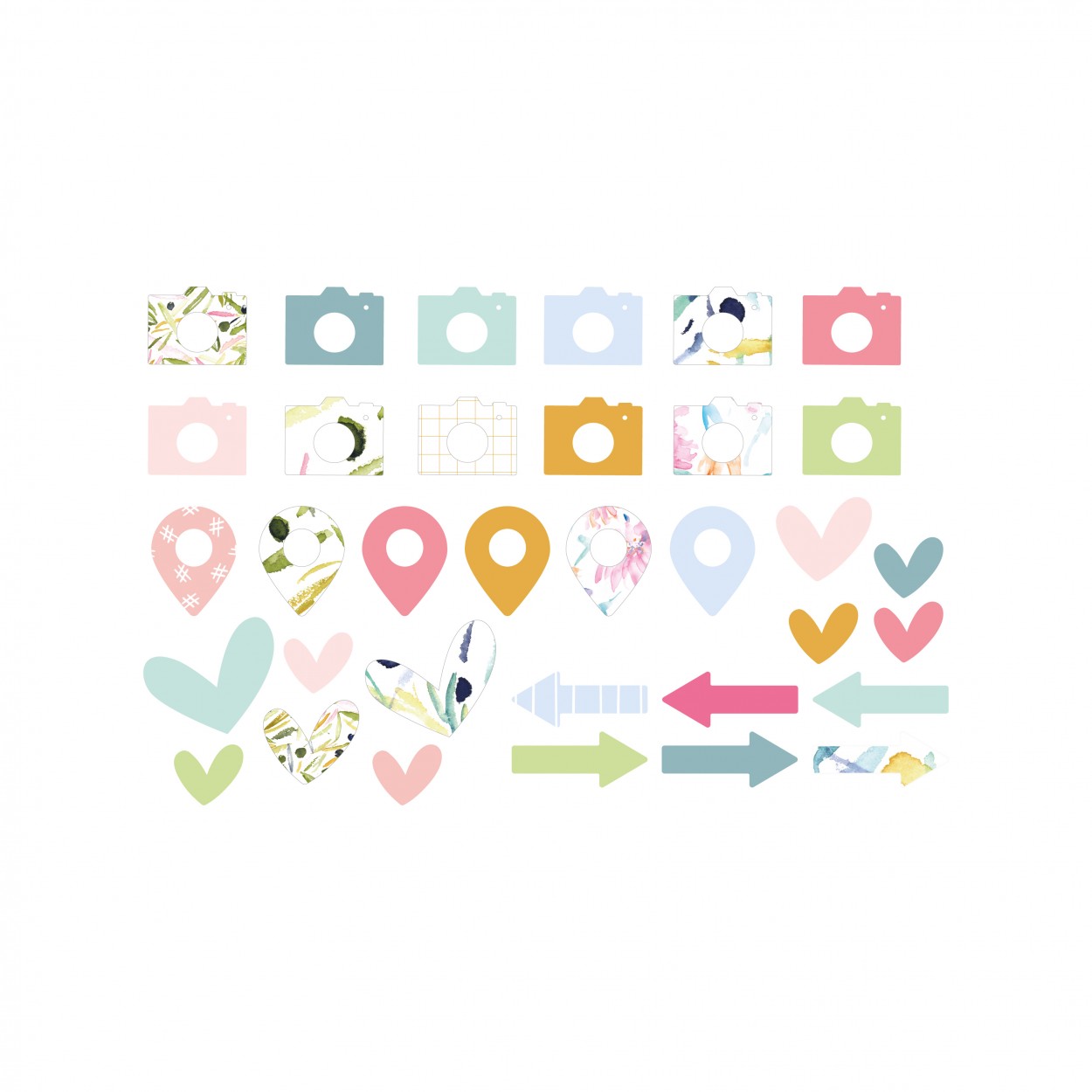 Autocolantes digitais de câmaras, corações e setas em várias cores e padrões