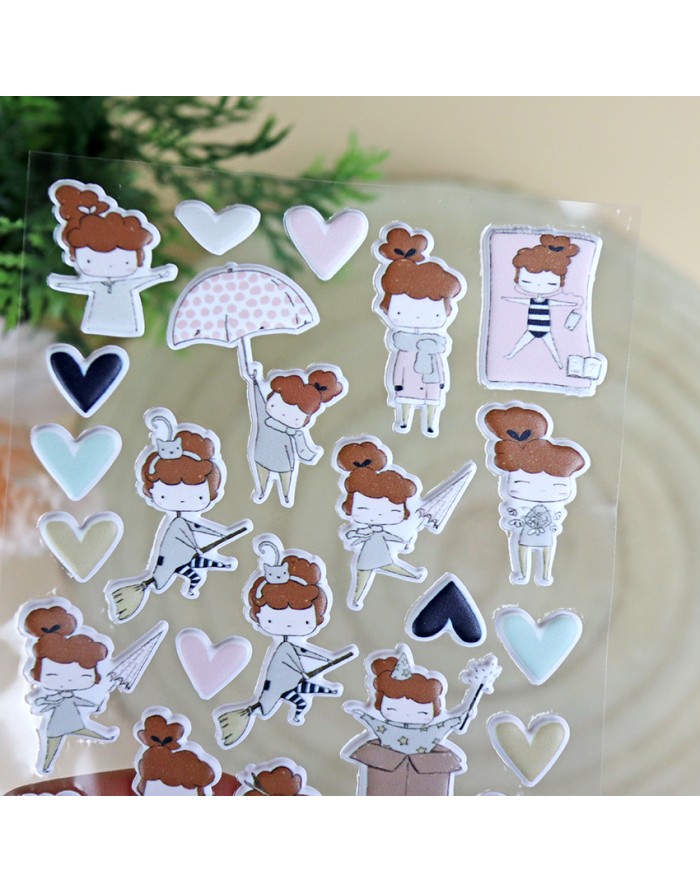 Folha de autocolantes com menina e corações em vários tons